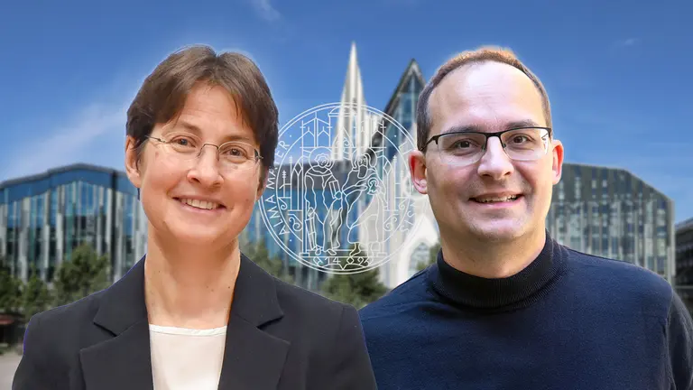 Collage: Portrait of Anna Wienhard and Dan Král, with the Paulinum and the University of Leipzig logo in the background