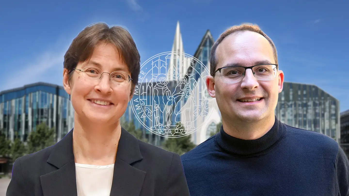 Collage: Portrait of Anna Wienhard and Dan Král, with the Paulinum and the University of Leipzig logo in the background
