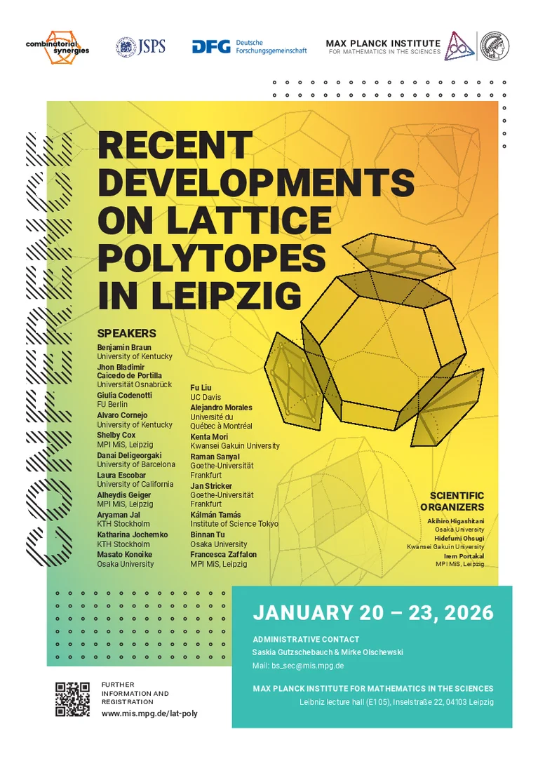 Event Poster: "Recent Developments on lattice Polytopes in Leipzig" with information about the event, the speakers and the organizers