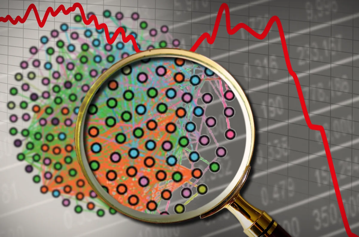 A network of stocks is investigated with a magnifying glass with a declining stock price curve in the background