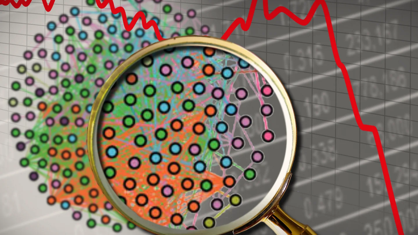 A network of stocks is investigated with a magnifying glass with a declining stock price curve in the background