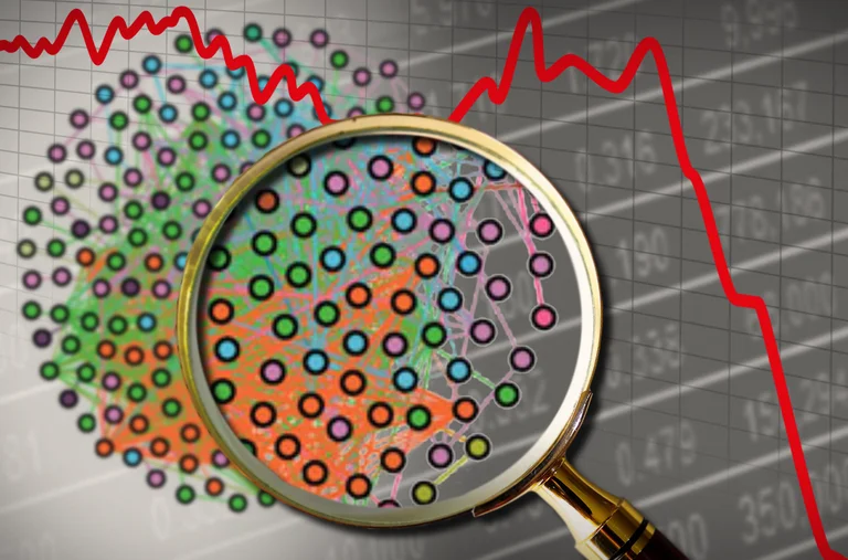 A network of stocks is investigated with a magnifying glass with a declining stock price curve in the background