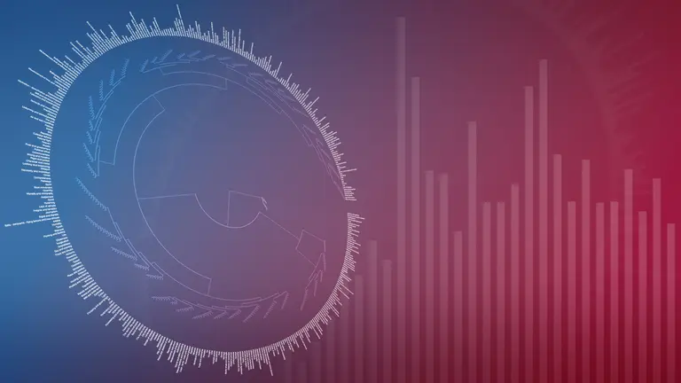 Abstract illustration of a white pie chart and bar chart on a colorful gradient background