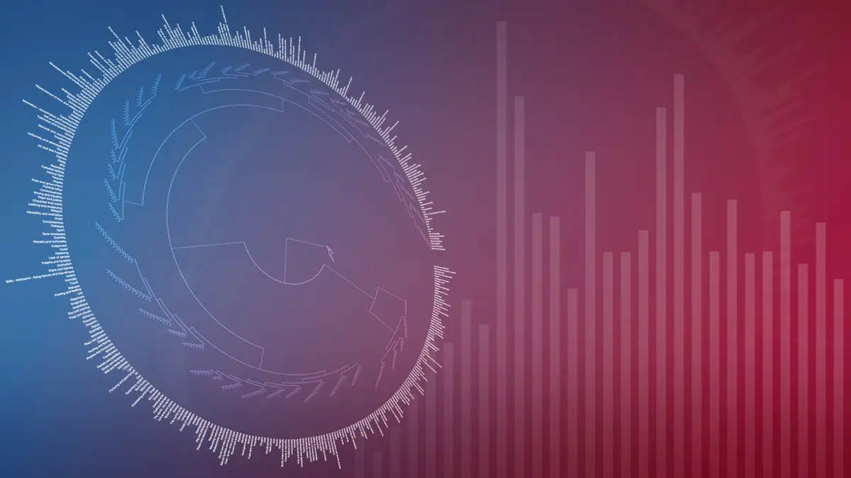 Abstract illustration of a white pie chart and bar chart on a colorful gradient background