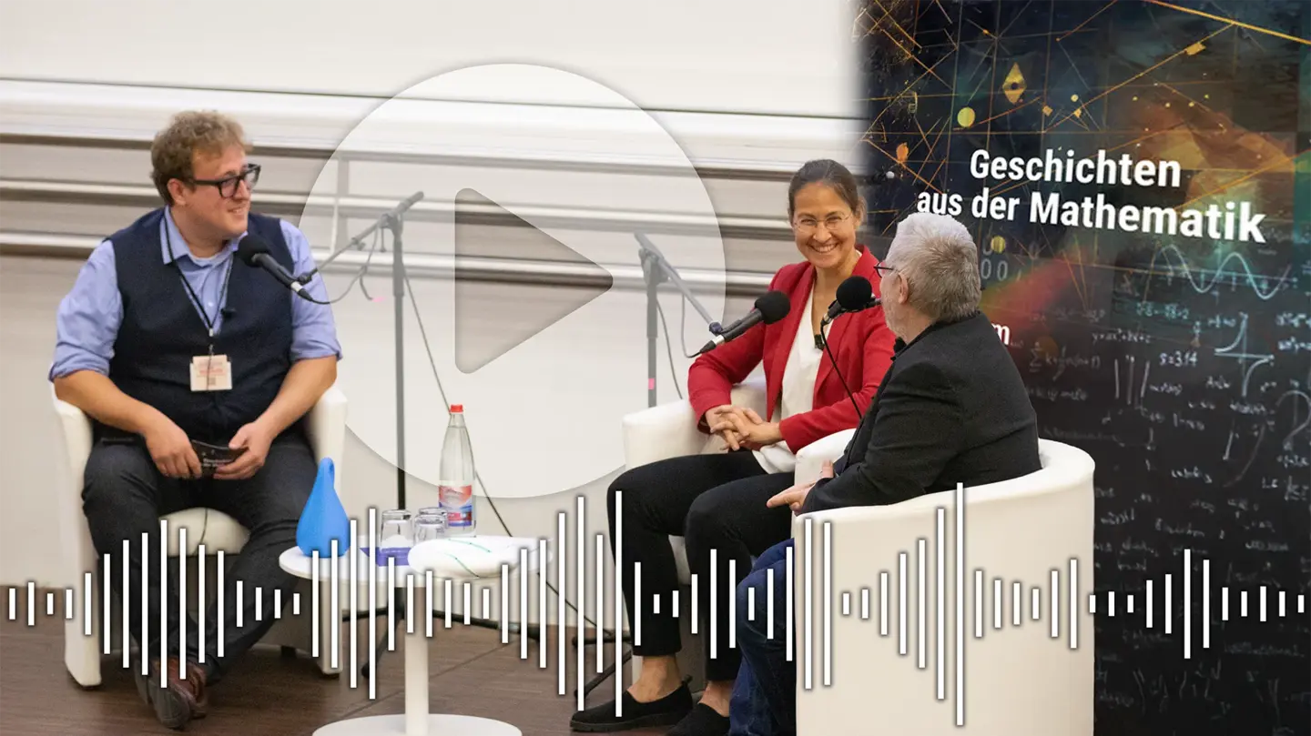 Collage: Demian Nahuel, Anna Wienhard, and Jürgen Richter-Gebert sitting together on stage; podcast image “Mathematik in der Wissenschaft” (Mathematics in Science), a semi-transparent play button, and an audio track arranged around the three people