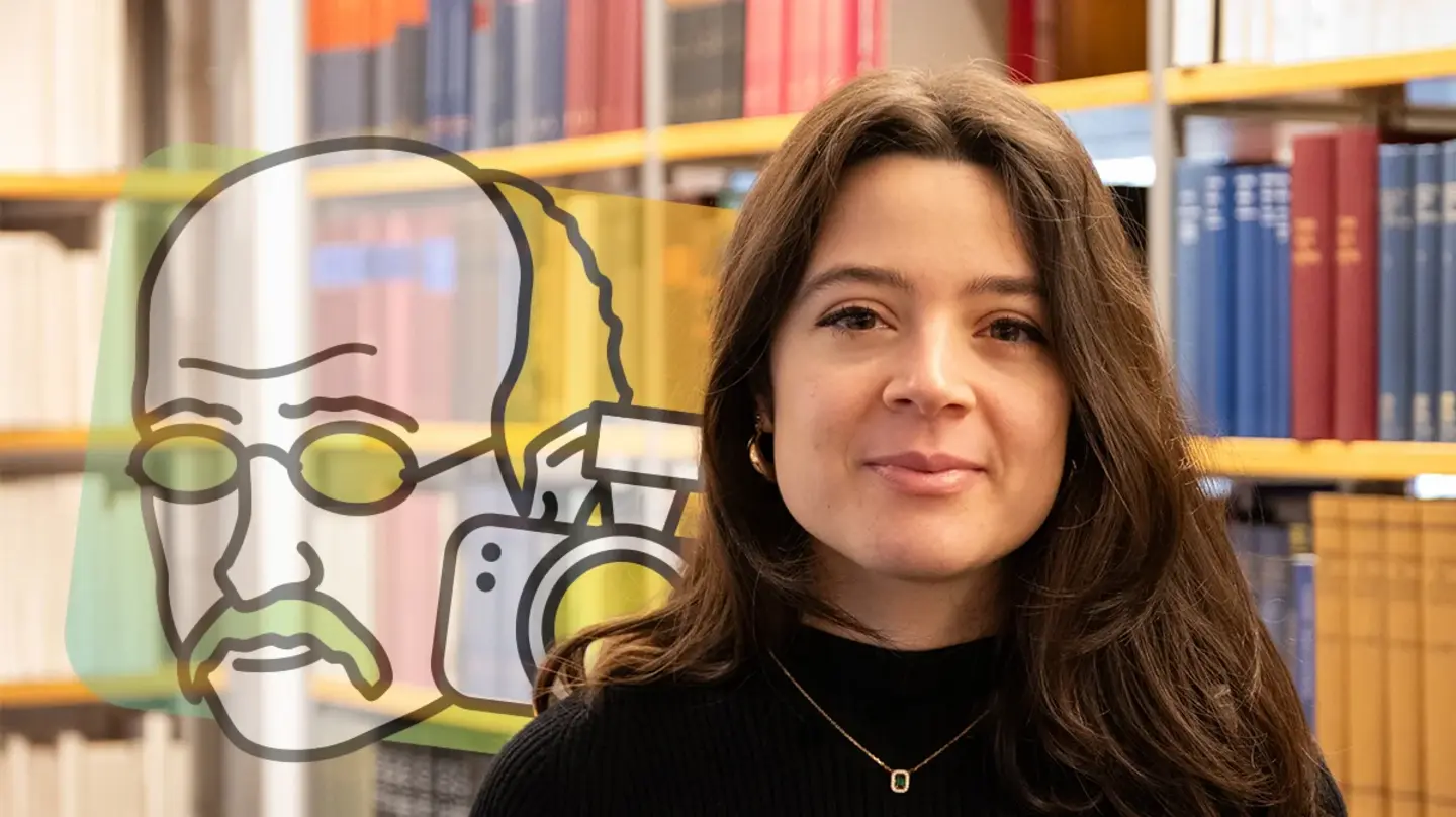 Porträt von Martina Zizza vor Bücherregalen und dem Math Planck People Logo