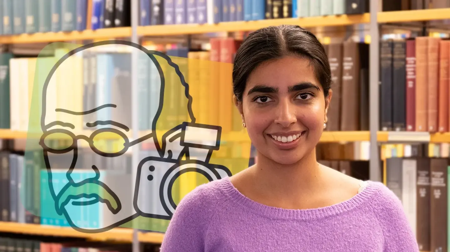 Portrait of Niharika Paul in front of bookshelves and the Math Planck People logo