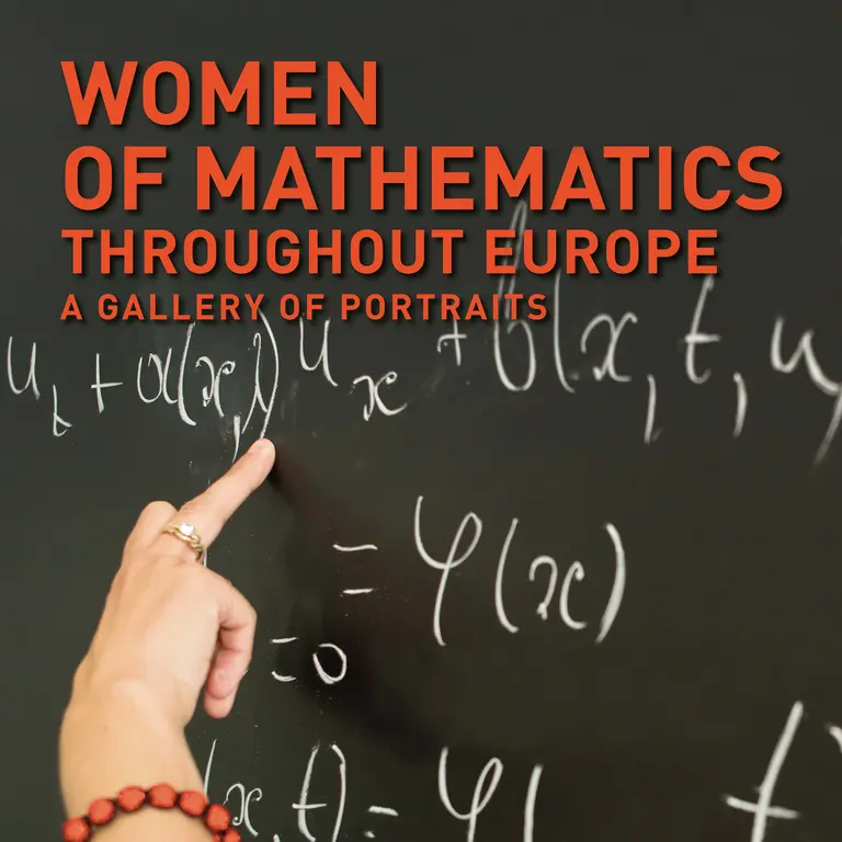 Close-up of a blackboard with mathematical formulas, above the lettering "Women of Mathematics throughout Europe. A Gallery of Portraits"