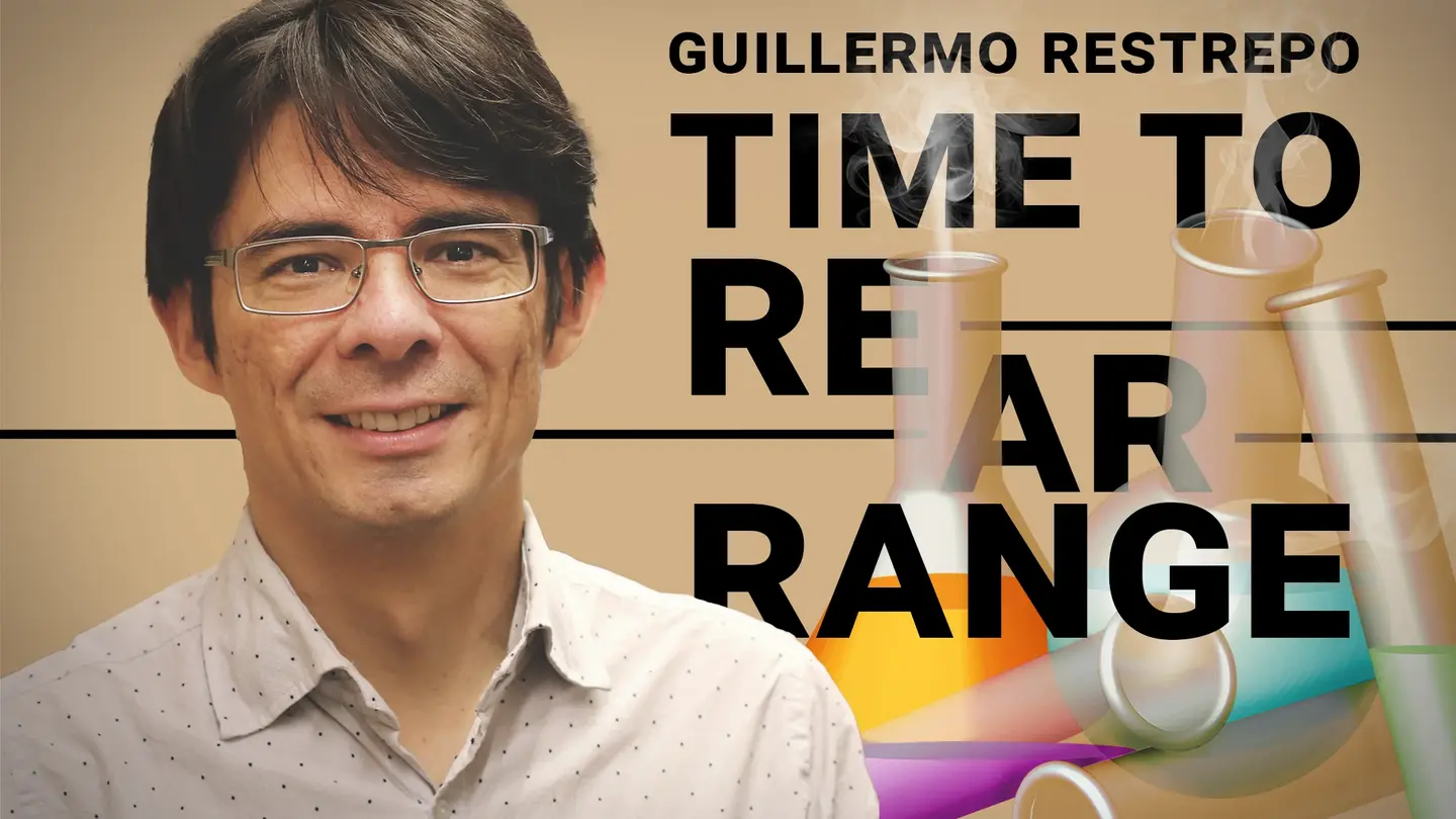 Portrait of Guillermo Restrepo next to the words "Time to rearrange" arranged around some beakers with chemical substances