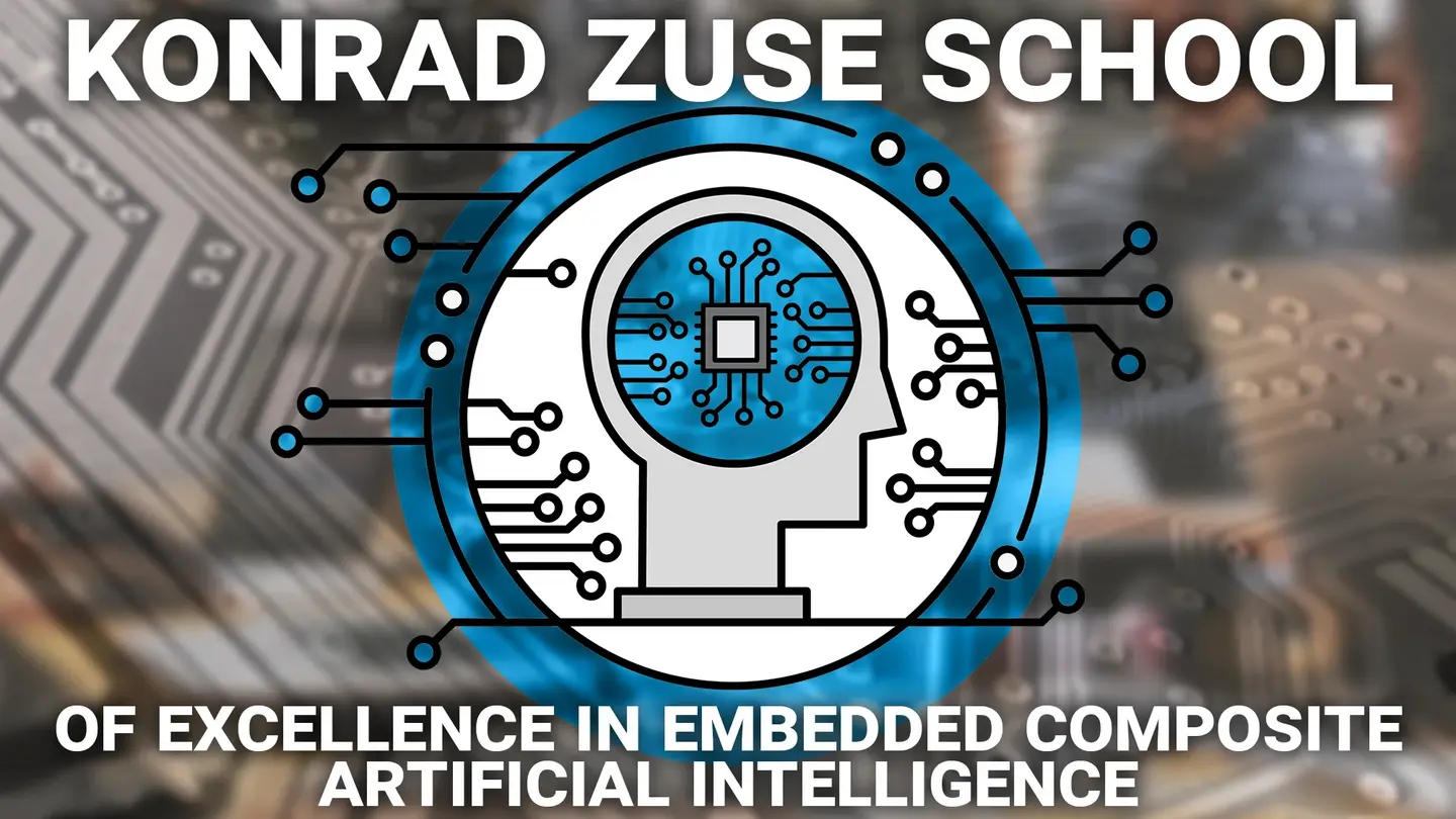 The text "Konrad Zuse School of excellence in embedded composite artificial intelligence" with a stylized chip in the head of a person and an integrated circuit in the background
