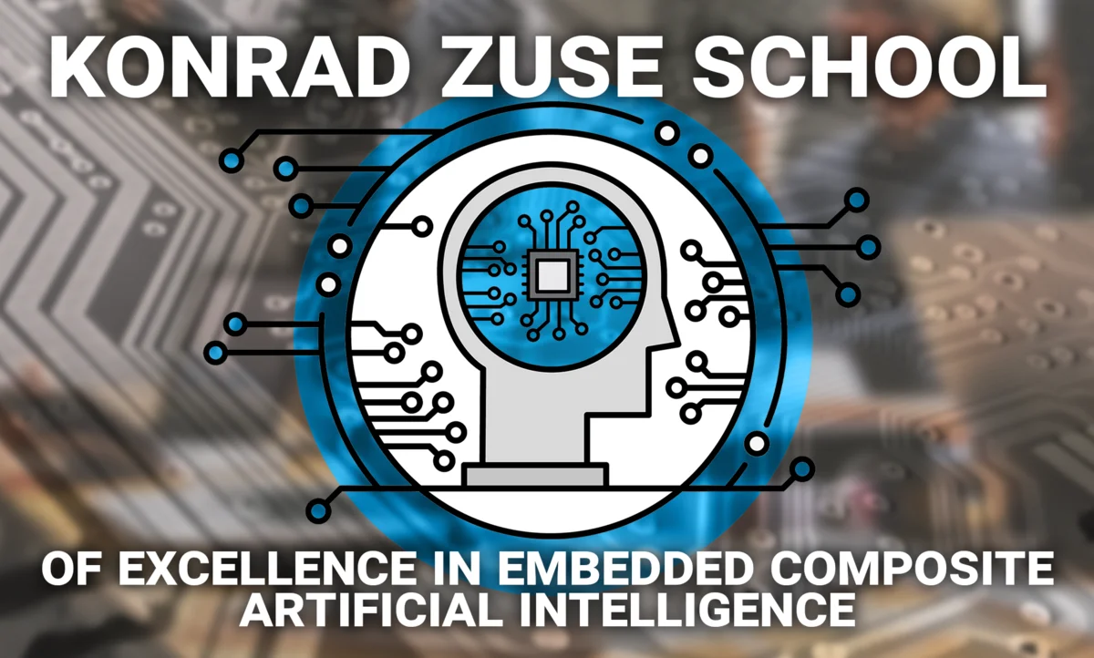 The text "Konrad Zuse School of excellence in embedded composite artificial intelligence" with a stylized chip in the head of a person and an integrated circuit in the background
