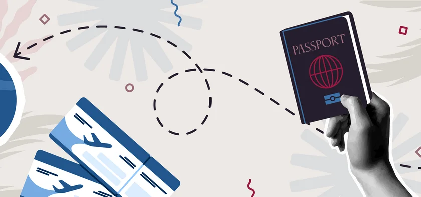 Header image for the Visa and Entry page with illustrations of the earth, a passport and an airplane
