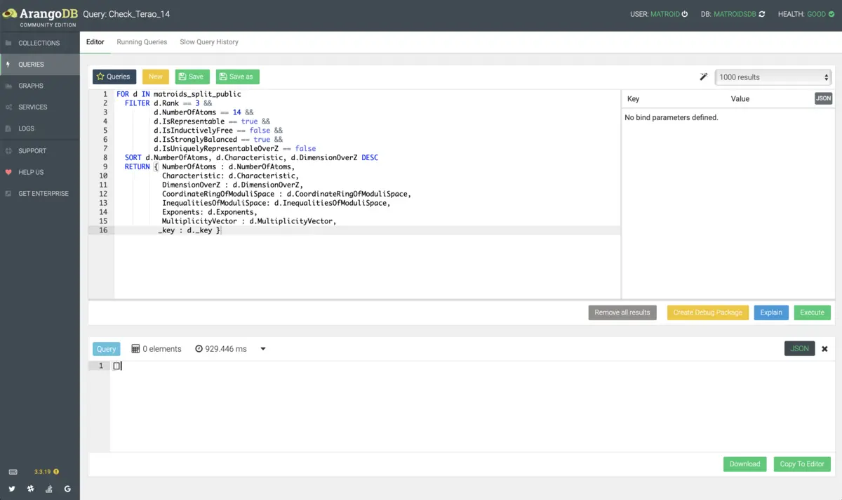 Figure: A screenshot of the matroid database showing the query that proves Terao's freeness conjecture for rank 3 arrangements with 14 hyperplanes