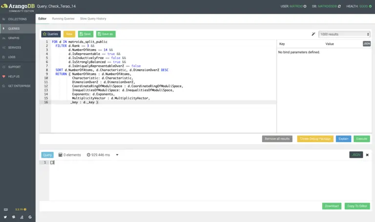 Figure: A screenshot of the matroid database showing the query that proves Terao's freeness conjecture for rank 3 arrangements with 14 hyperplanes