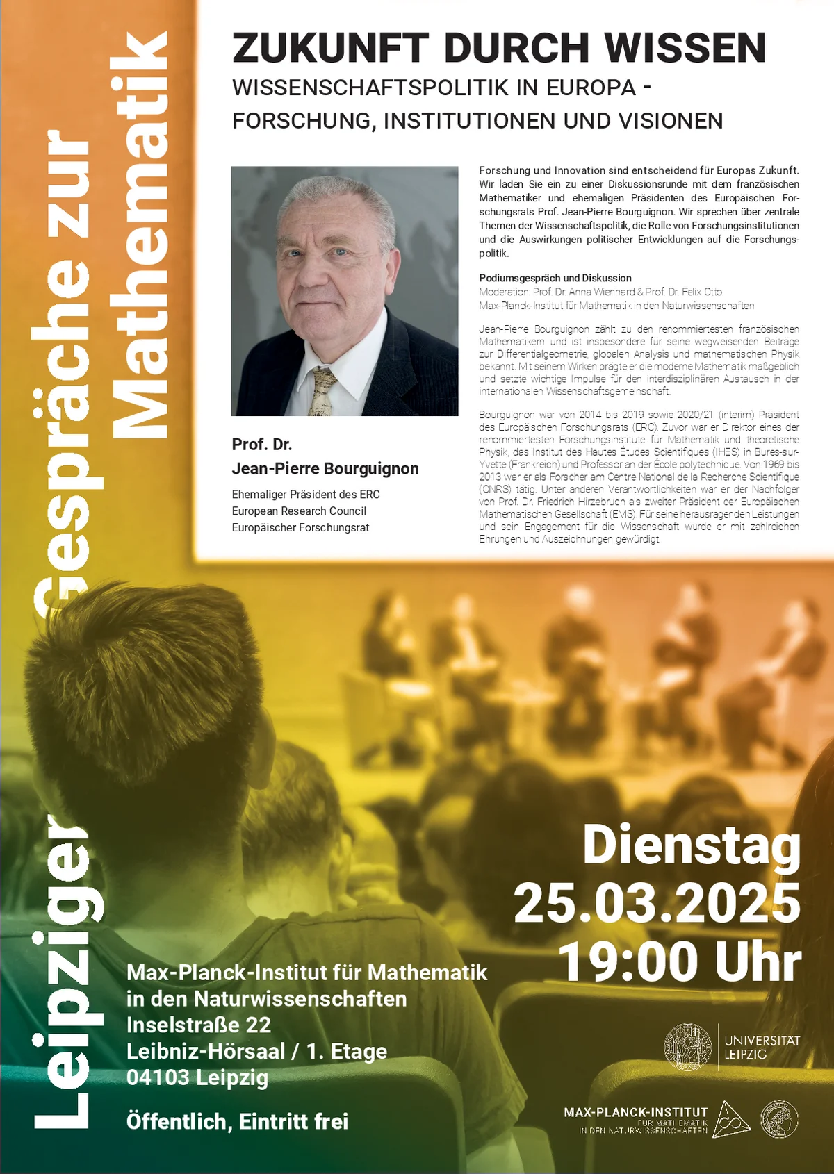 Poster about the Event Leipzig Talks on Mathematics with Jean-Pierre Bourguignon