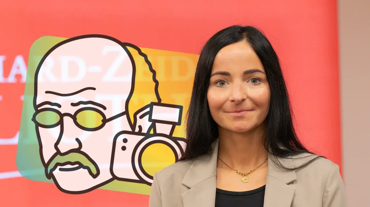Porträt von Isabel Peris vor einer roten Wand und mit dem Math Planck People-Logo