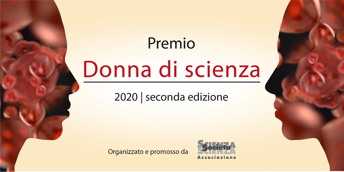 Two stylized female heads silhouettes facing each other with the Donna di scienza 2020 Logo between them