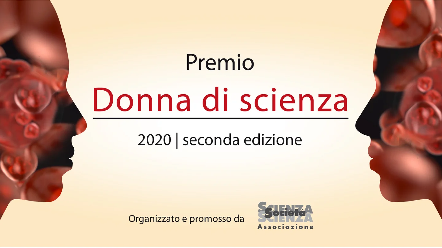 Two stylized female heads silhouettes facing each other with the Donna di scienza 2020 Logo between them