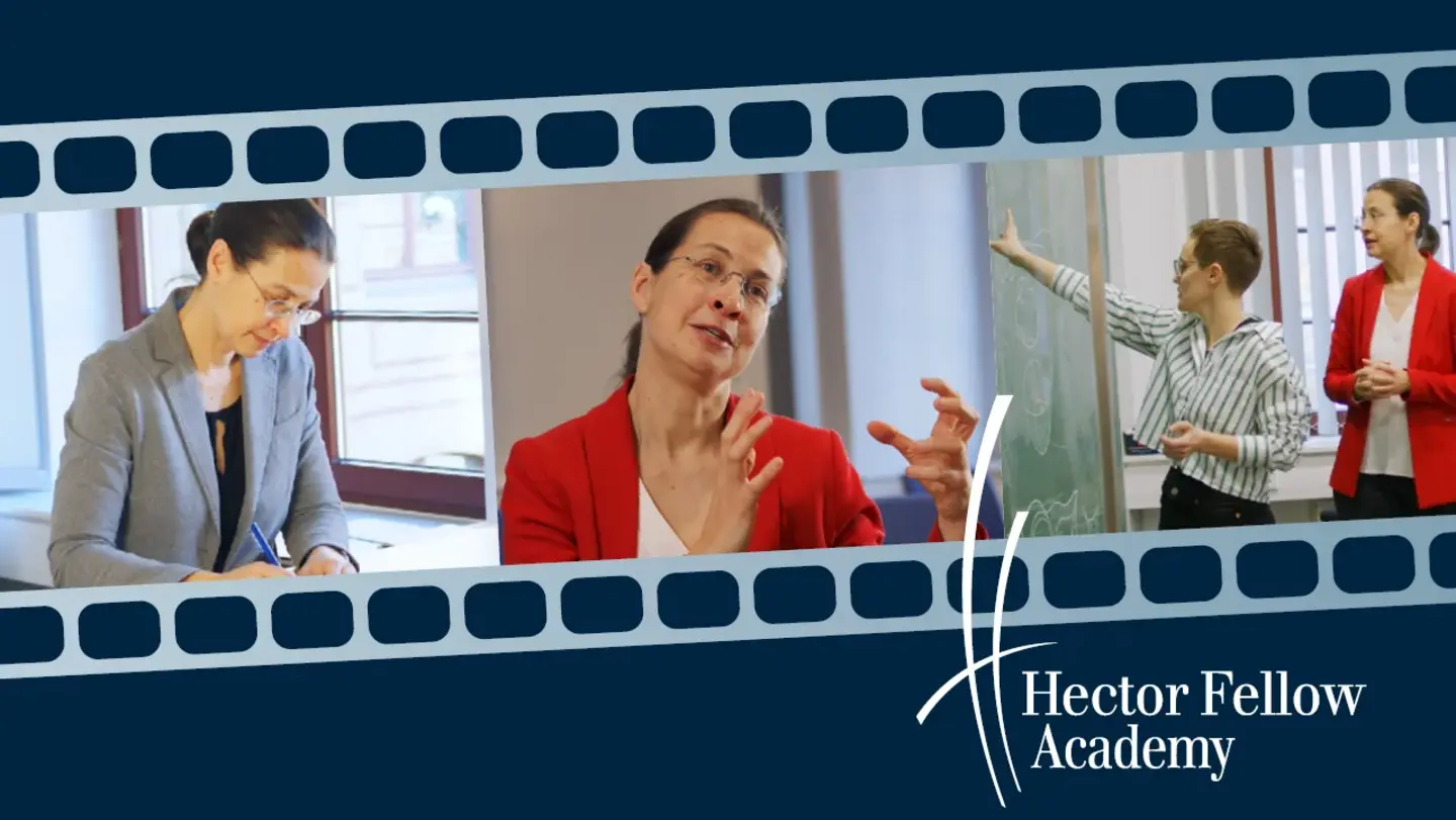 A filmstrip runs across the entire image with various pictures of Anna Wienhard, taken for a video portrait for the Hector Fellow Academy.