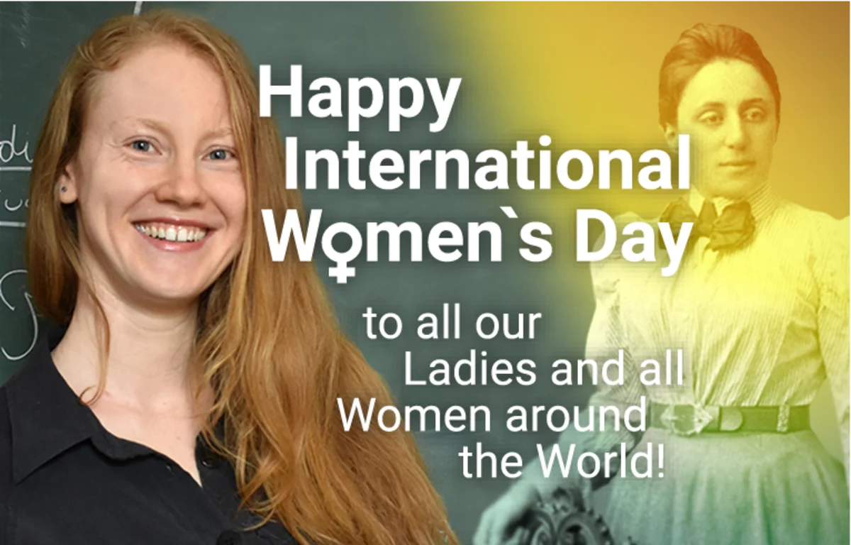 Noémie Combe neben einem alten Porträt von Emmy Noether und den Worten "Happy International Women's Day, to all our Ladies and all Women around the World!"