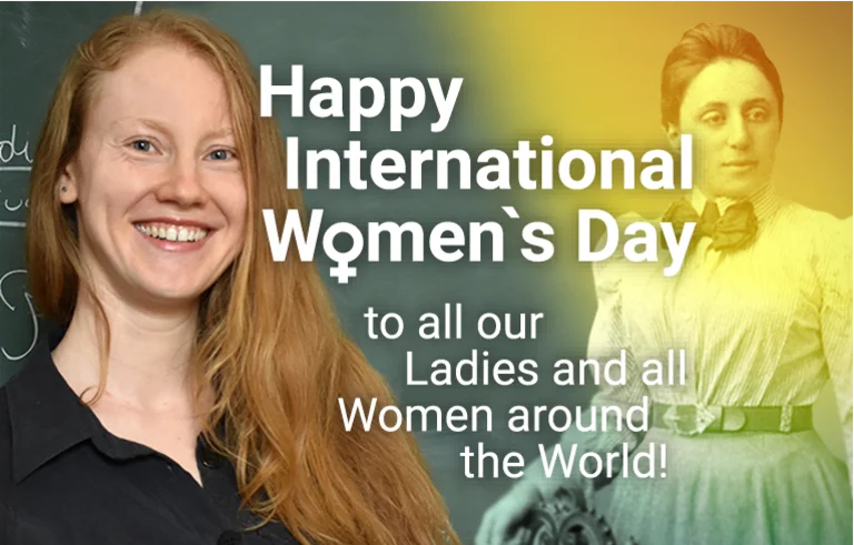 Noémie Combe neben einem alten Porträt von Emmy Noether und den Worten "Happy International Women's Day, to all our Ladies and all Women around the World!"