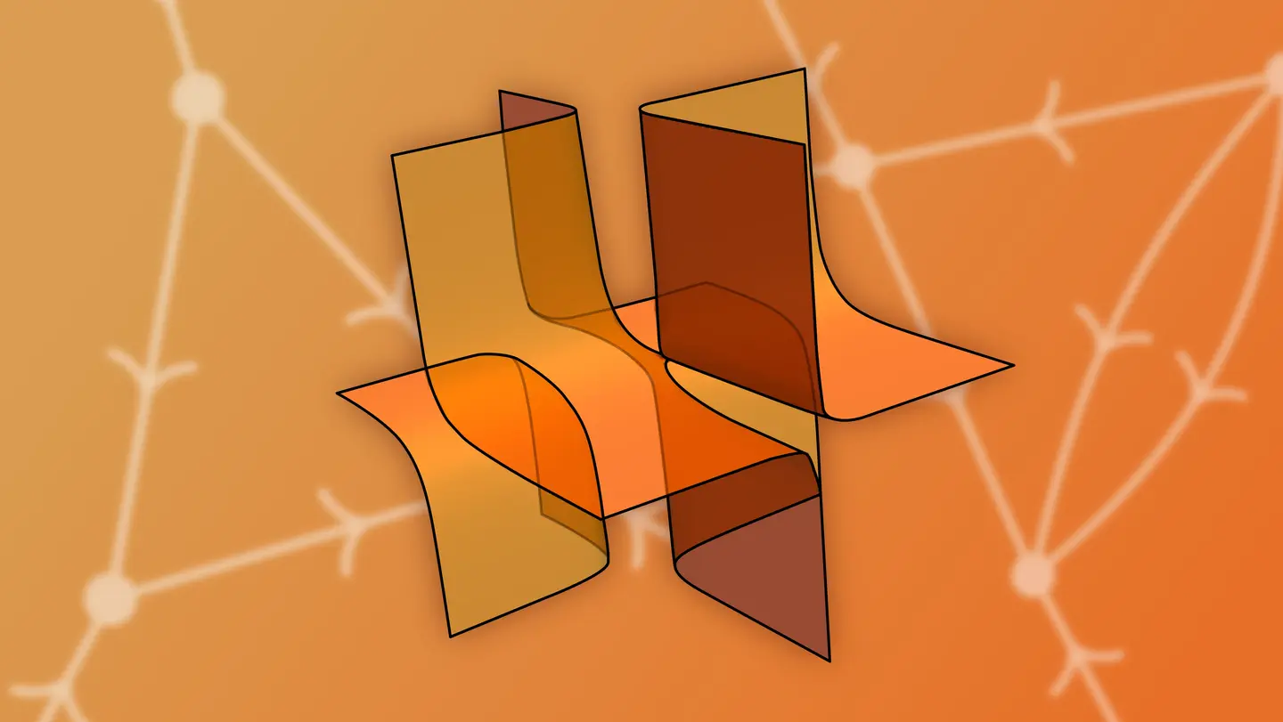 Collage showing a illustration of a set of real zeroes of a graph polynomial and two white Feynman diagrams on an orange background