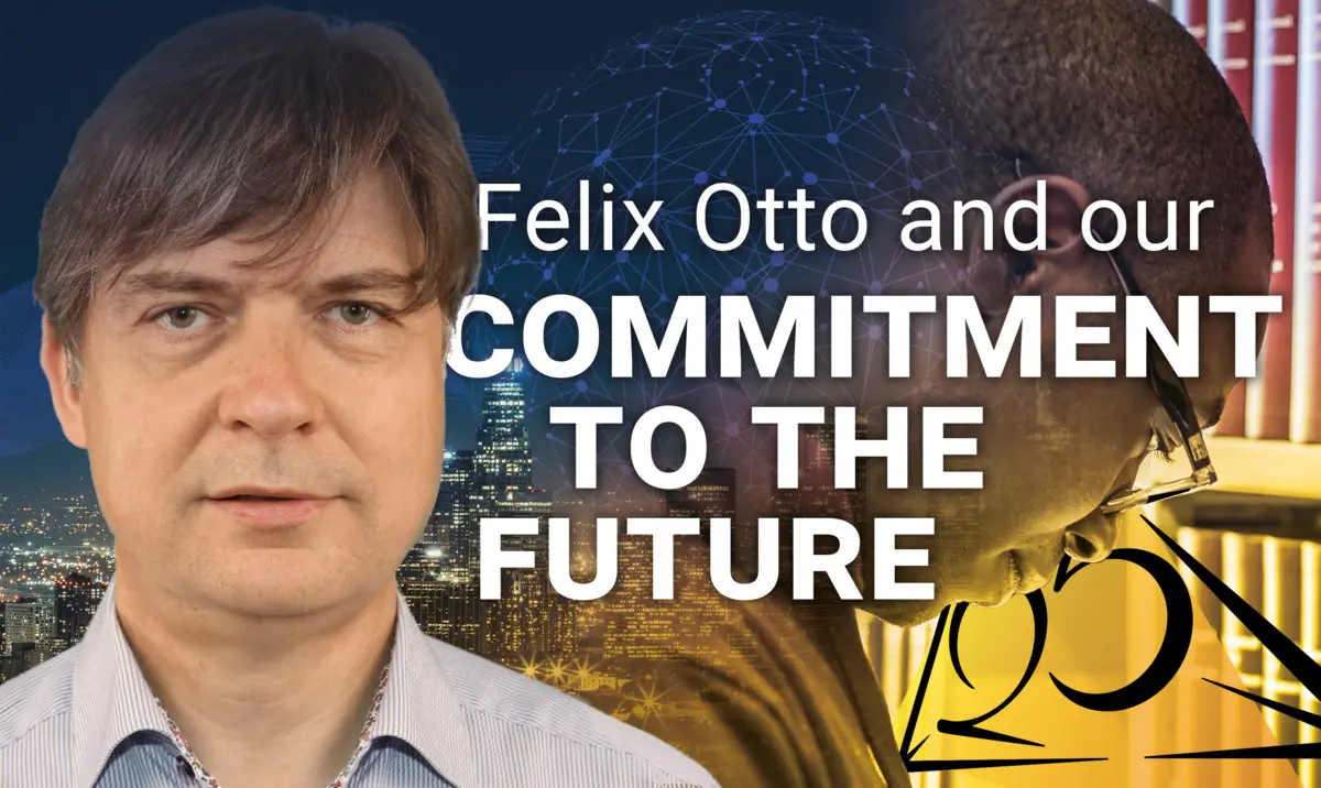 Portrait of Felix Otto next to the text "Felix Otto and our commitment to the future" with a composite image of a futuristic metropolitan skyline next to a student in our library in the background