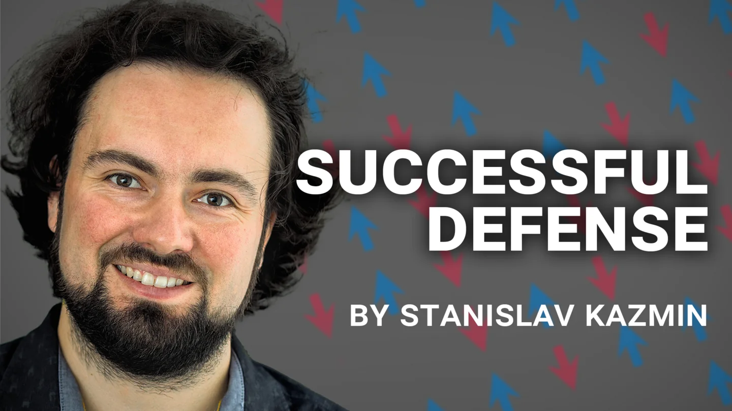 Portrait of Stanislav Kazmin with an Ising model illustration in the background next to the words "Successful defense"