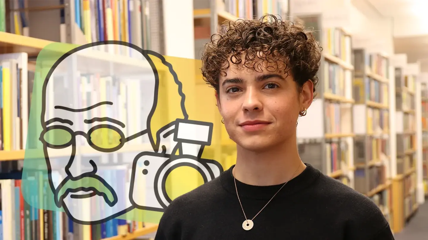 Portrait of Skye Rothstein in front of bookshelves and the Math Planck People Logo