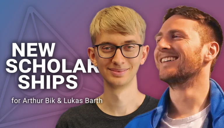 Porträts von Arthur Bik und Lukas Barth neben dem Text "New Scholarships for Arthur Bik & Lukas Barth" vor einem farbigen Hintergrund mit dem MiS-Logo