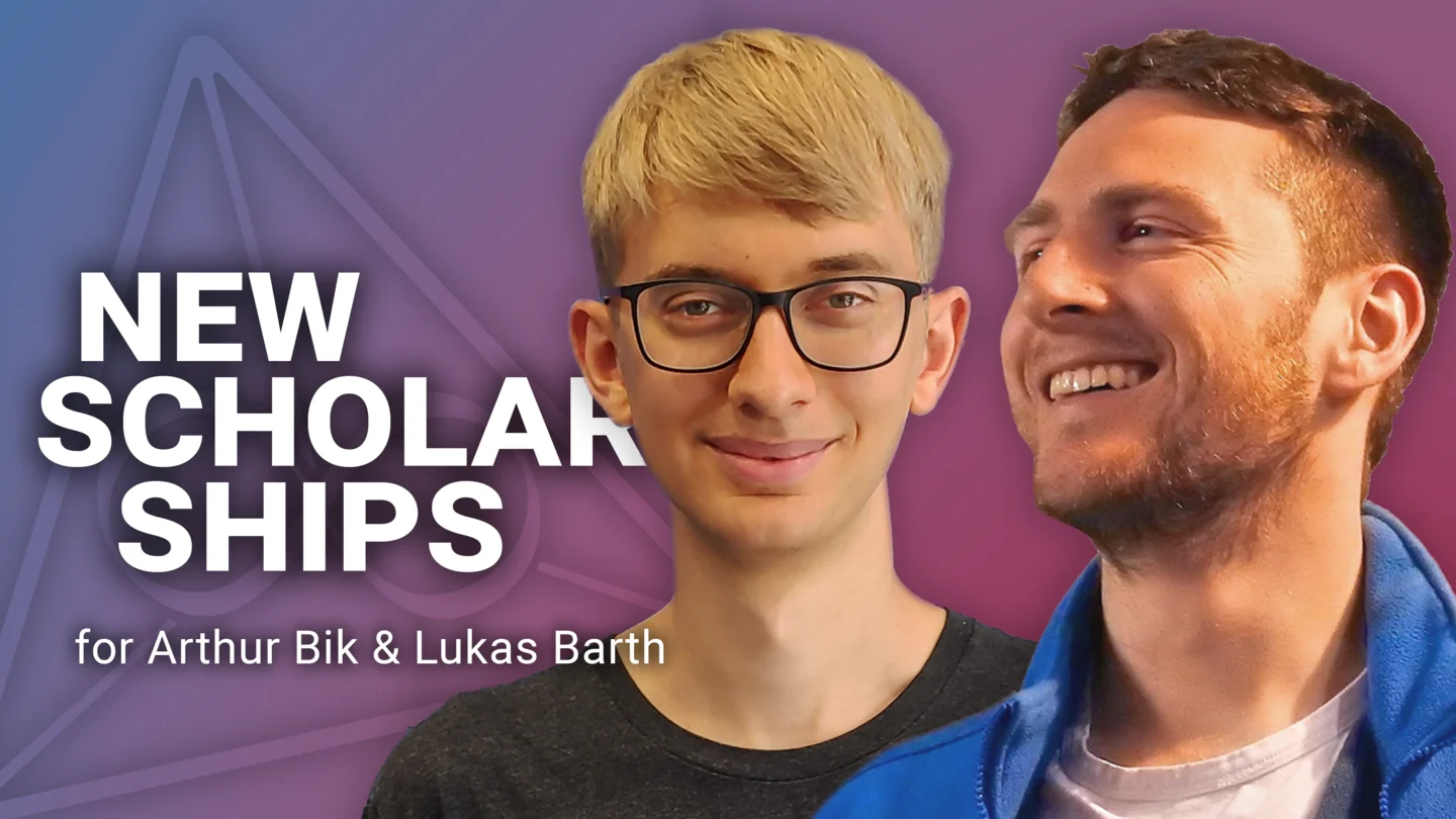Portraits of Arthur Bik and Lukas Barth next to the text "New Scholarships for Arthur Bik & Lukas Barth" in front of a colored background with the MiS logo
