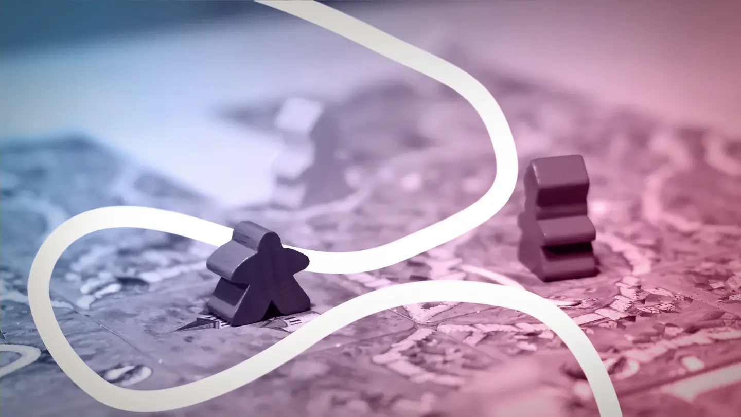 A white elliptical curve runs across a game board with two figures standing on it.